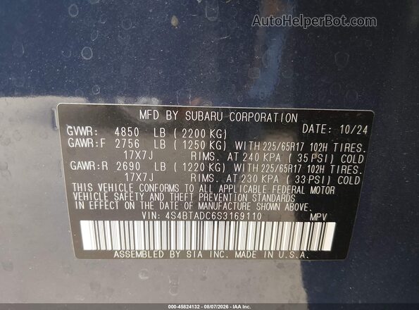 4S4BTADC6S3169110 2025 SUBARU OUTBACK Blue Widok komory silnika