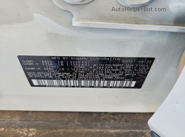 4S4BTADC6S3313948 2025 SUBARU OUTBACK White Vista de la etiqueta del VIN