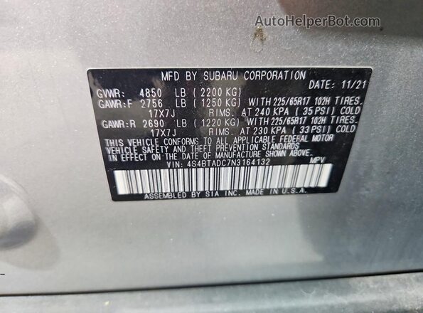 4S4BTADC7N3164132 2022 SUBARU OUTBACK Silver Вид наклейки з VIN-кодом