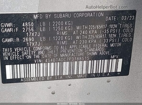 4S4BTADC7P3188515 2023 SUBARU OUTBACK Silver Widok komory silnika