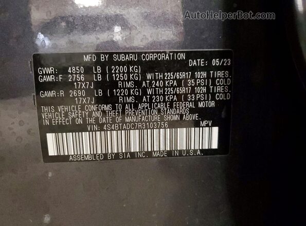 4S4BTADC7R3103756 2024 SUBARU OUTBACK Gray Widok naklejki z numerem VIN