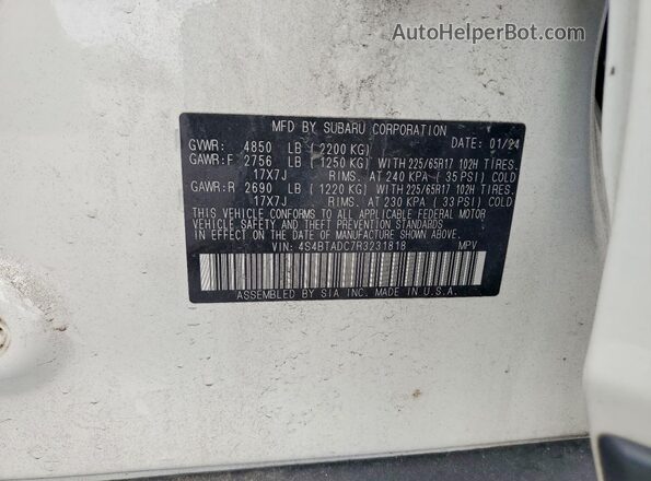 4S4BTADC7R3231818 2024 SUBARU OUTBACK White Vista de la etiqueta del VIN