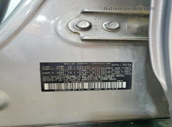4S4BTADC7S3165065 2025 SUBARU OUTBACK Silver Vista de la etiqueta del VIN