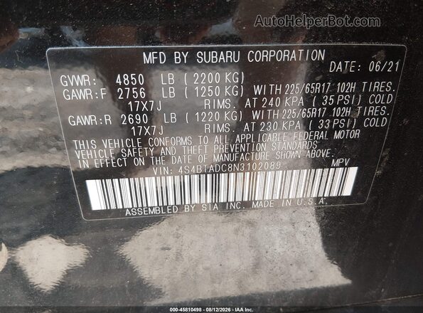 4S4BTADC8N3102089 2022 SUBARU OUTBACK Black Вид підкапотного простору