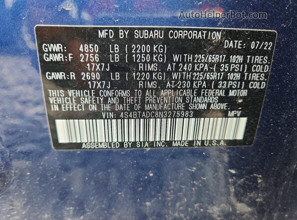4S4BTADC8N3275983 2022 SUBARU OUTBACK Blue VIN sticker view