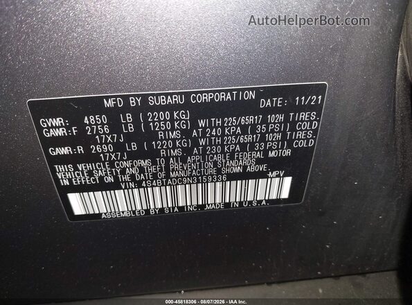 4S4BTADC9N3159336 2022 SUBARU OUTBACK Серый Вид подкапотного пространства