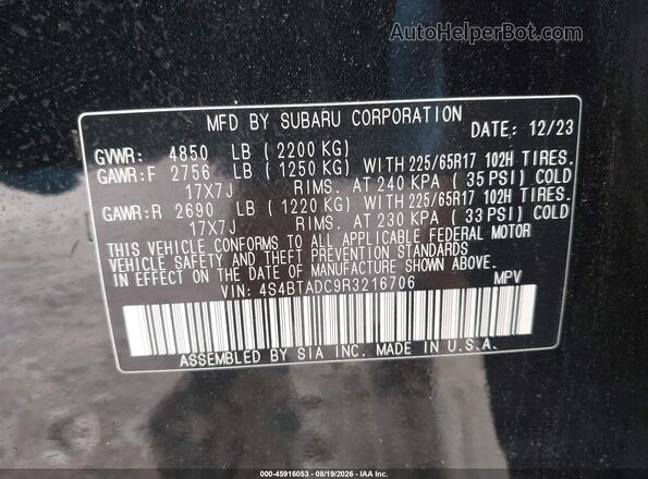 4S4BTADC9R3216706 2024 SUBARU OUTBACK Black Widok komory silnika