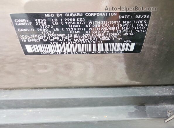 4S4BTADC9R3300511 2024 SUBARU OUTBACK Tan Widok naklejki z numerem VIN