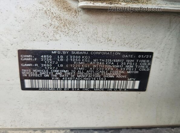 4S4BTADCXM3161563 2021 SUBARU OUTBACK White Widok wnętrza 360 stopni
