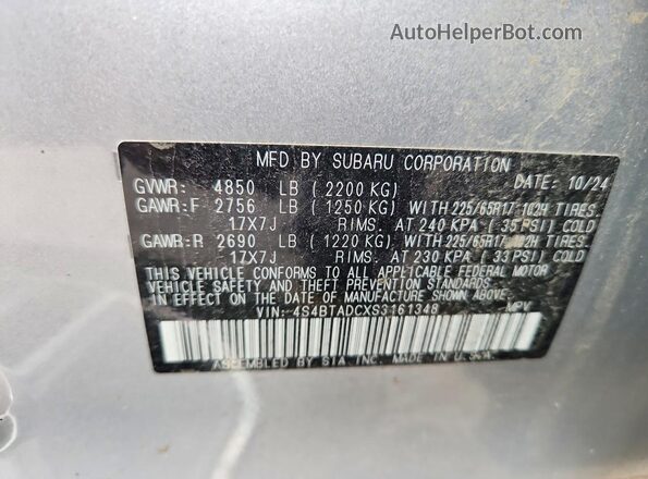 4S4BTADCXS3161348 2025 SUBARU OUTBACK Silver Вид наклейки з VIN-кодом