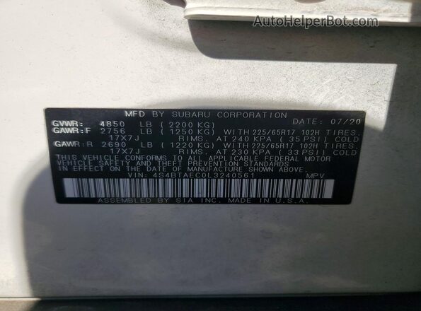 4S4BTAEC0L3240561 2020 SUBARU OUTBACK White 360 interior view