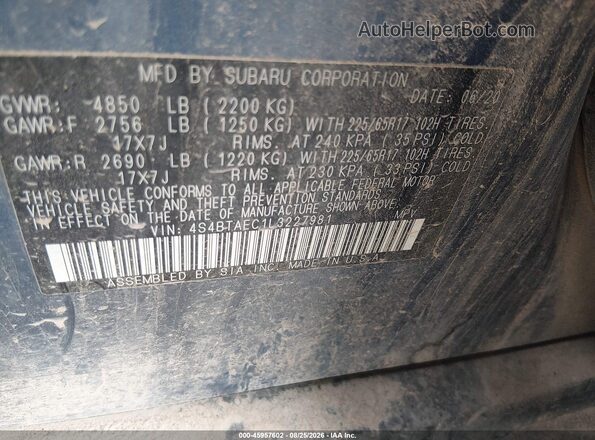 4S4BTAEC1L3227981 2020 SUBARU OUTBACK Blue Widok komory silnika