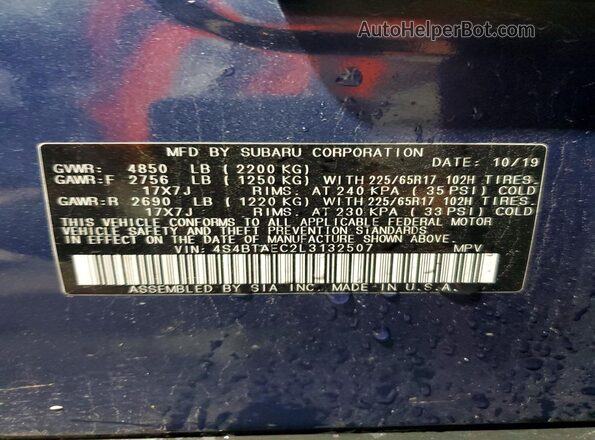 4S4BTAEC2L3132507 2020 SUBARU OUTBACK Blue VIN կոդի պիտակի տեսք