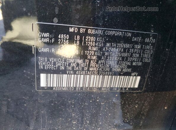 4S4BTAEC5L3258991 2020 SUBARU OUTBACK Black Вид підкапотного простору
