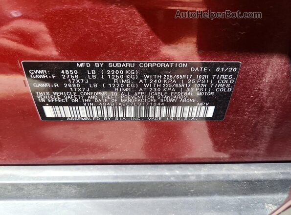 4S4BTAEC7L3171044 2020 SUBARU OUTBACK Burgundy VIN կոդի պիտակի տեսք