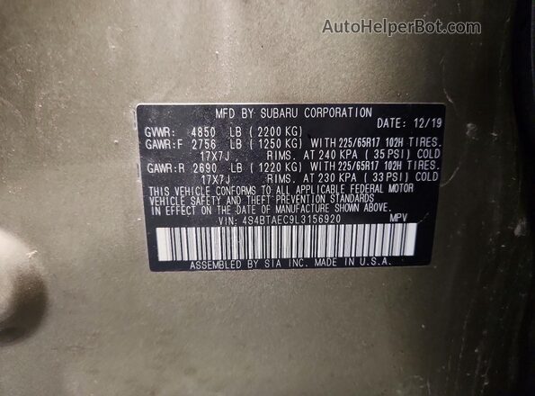 4S4BTAEC9L3156920 2020 SUBARU OUTBACK Green Вид наклейки з VIN-кодом