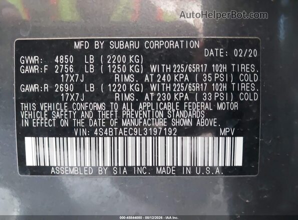 4S4BTAEC9L3197192 2020 SUBARU OUTBACK Gray Widok komory silnika