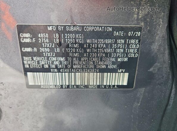 4S4BTAECXL3243824 2020 SUBARU OUTBACK Gray Widok komory silnika