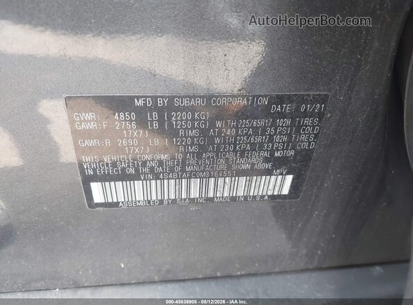 4S4BTAFC0M3164551 2021 SUBARU OUTBACK Gray Вид підкапотного простору