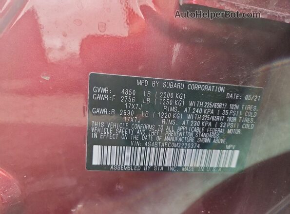 4S4BTAFC0M3220374 2021 SUBARU OUTBACK Красный Вид наклейки с VIN-кодом