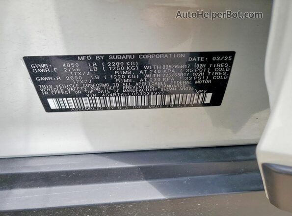 4S4BTAFC0S3238922 2025 SUBARU OUTBACK White VIN կոդի պիտակի տեսք