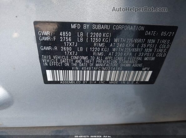 4S4BTAFC1M3214180 2021 SUBARU OUTBACK Gray Vista del compartimento del motor