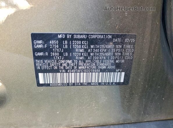 4S4BTAFC1S3219988 2025 SUBARU OUTBACK Green Vista de la etiqueta del VIN