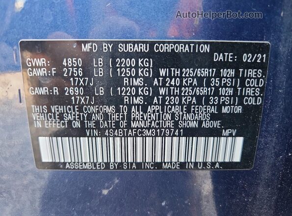 4S4BTAFC3M3179741 2021 SUBARU OUTBACK Синий Вид наклейки с VIN-кодом