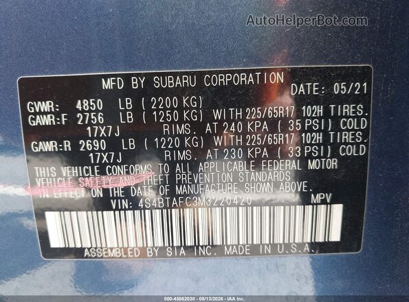 4S4BTAFC3M3220420 2021 SUBARU OUTBACK Blue Vista del compartimento del motor