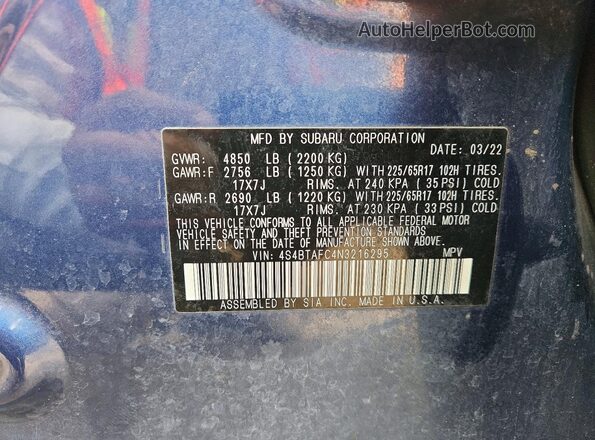 4S4BTAFC4N3216295 2022 SUBARU OUTBACK Blue Вид наклейки з VIN-кодом