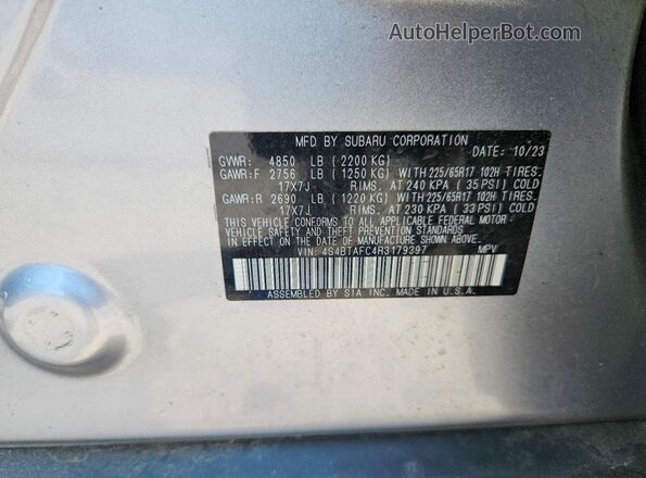 4S4BTAFC4R3179397 2024 SUBARU OUTBACK Серебряный Вид наклейки с VIN-кодом