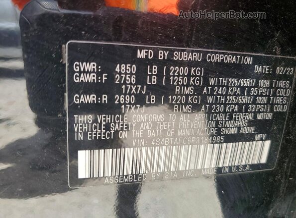 4S4BTAFC6P3184985 2023 SUBARU OUTBACK Black VIN կոդի պիտակի տեսք
