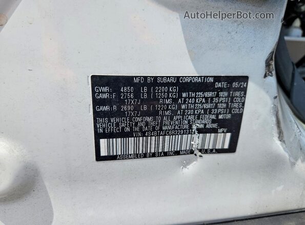 4S4BTAFC6R3291313 2024 SUBARU OUTBACK White VIN კოდის სტიკერის ხედი
