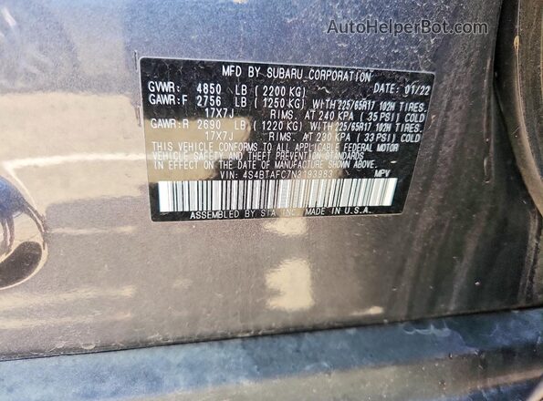 4S4BTAFC7N3193983 2022 SUBARU OUTBACK Gray Widok naklejki z numerem VIN