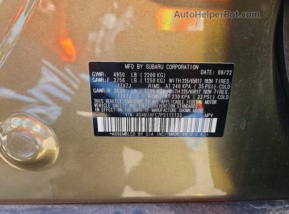4S4BTAFC7P3113133 2023 SUBARU OUTBACK Green Вид наклейки з VIN-кодом