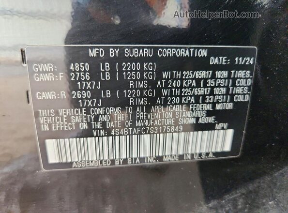4S4BTAFC7S3175849 2025 SUBARU OUTBACK Black Widok naklejki z numerem VIN