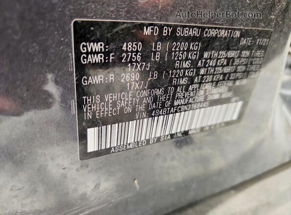 4S4BTAFC8N3168445 2022 SUBARU OUTBACK Угольный Вид наклейки с VIN-кодом