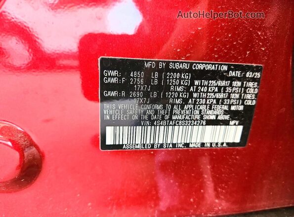4S4BTAFC8S3234276 2025 SUBARU OUTBACK Red Вид наклейки з VIN-кодом