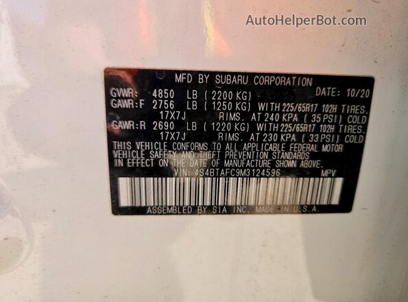 4S4BTAFC9M3124596 2021 SUBARU OUTBACK White Widok naklejki z numerem VIN