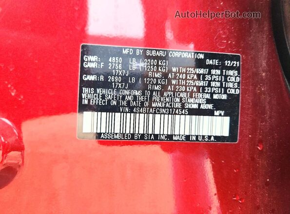 4S4BTAFC9N3174545 2022 SUBARU OUTBACK Maroon Widok komory silnika