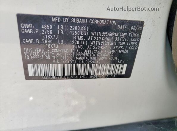 4S4BTALC1L3259042 2020 SUBARU OUTBACK White VIN կոդի պիտակի տեսք