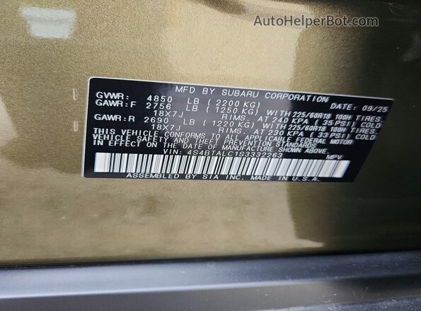 4S4BTALC1S3332263 2025 SUBARU OUTBACK Green Vista de la etiqueta del VIN