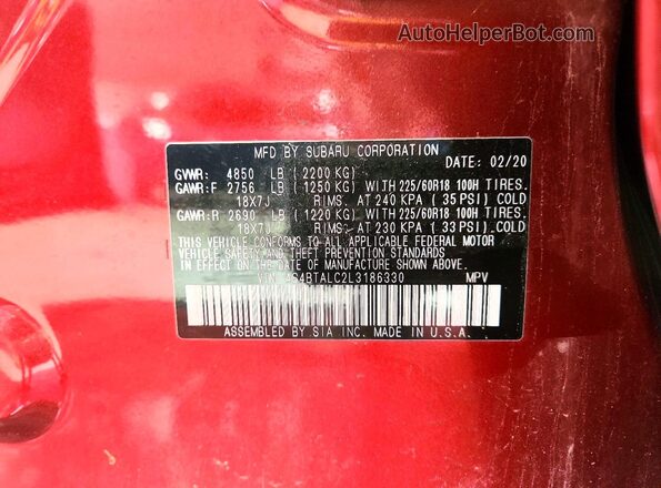 4S4BTALC2L3186330 2020 SUBARU OUTBACK Burgundy Вид наклейки з VIN-кодом