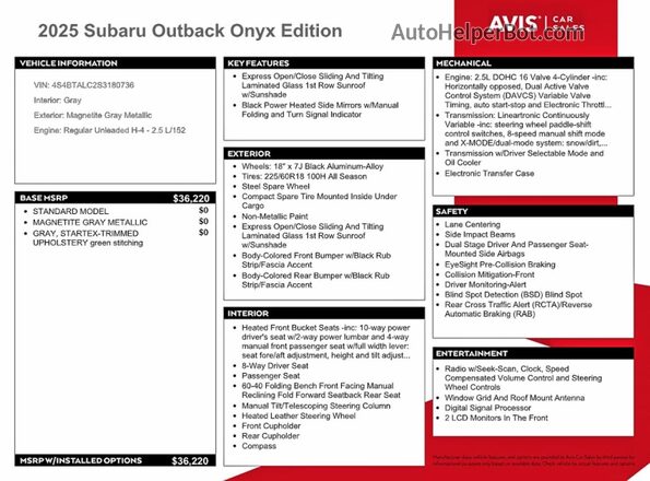 4S4BTALC2S3180736 2025 SUBARU OUTBACK Gray Widok naklejki z numerem VIN
