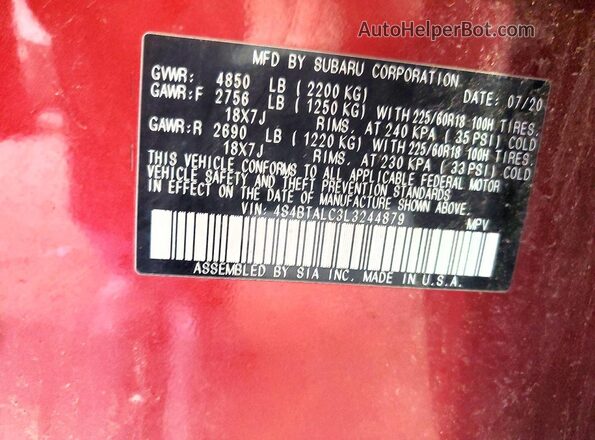 4S4BTALC3L3244879 2020 SUBARU OUTBACK Red Vista interior de 360 grados