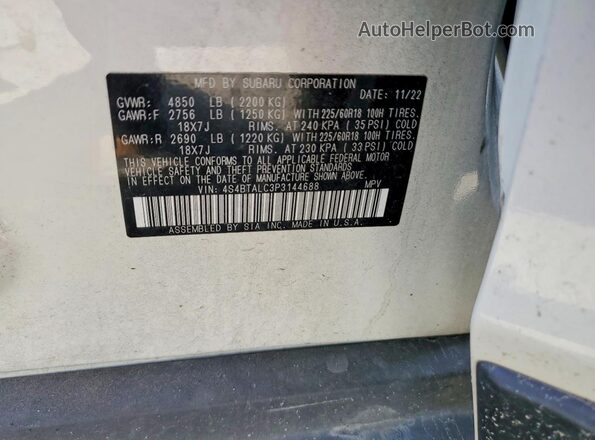 4S4BTALC3P3144688 2023 SUBARU OUTBACK White VIN კოდის სტიკერის ხედი