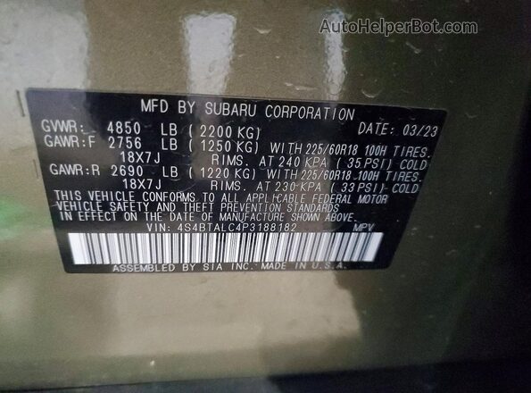 4S4BTALC4P3188182 2023 SUBARU OUTBACK Green Widok naklejki z numerem VIN