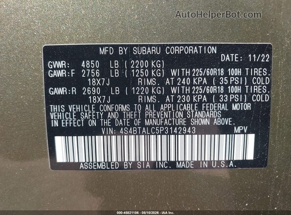 4S4BTALC5P3142943 2023 SUBARU OUTBACK Green ძრავის განყოფილების ხედი