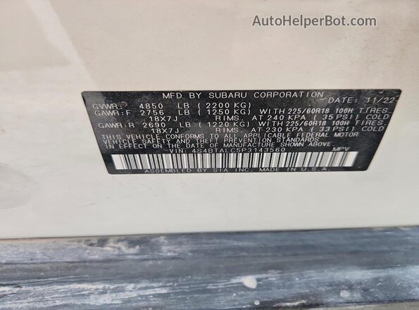 4S4BTALC5P3143560 2023 SUBARU OUTBACK White Սալոնի 360 աստիճան տեսք