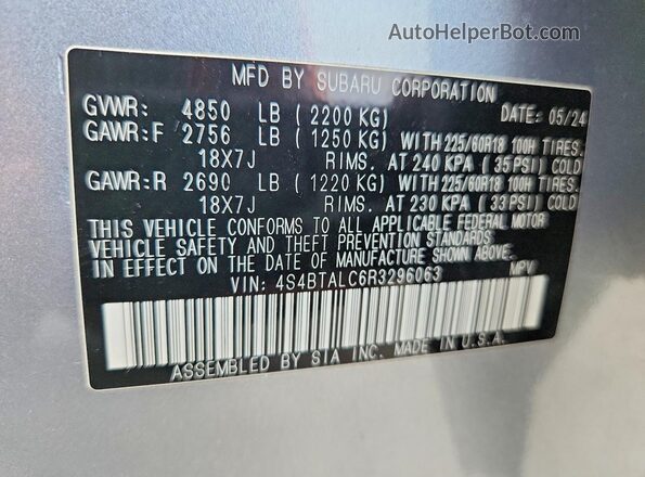 4S4BTALC6R3296063 2024 SUBARU OUTBACK Silver Вид наклейки з VIN-кодом